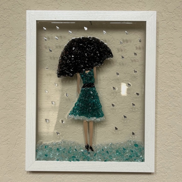 Girl in the Rain- Crushed Glass Resin Art Framed. NWOT. Handmade - Picture 1 of 6